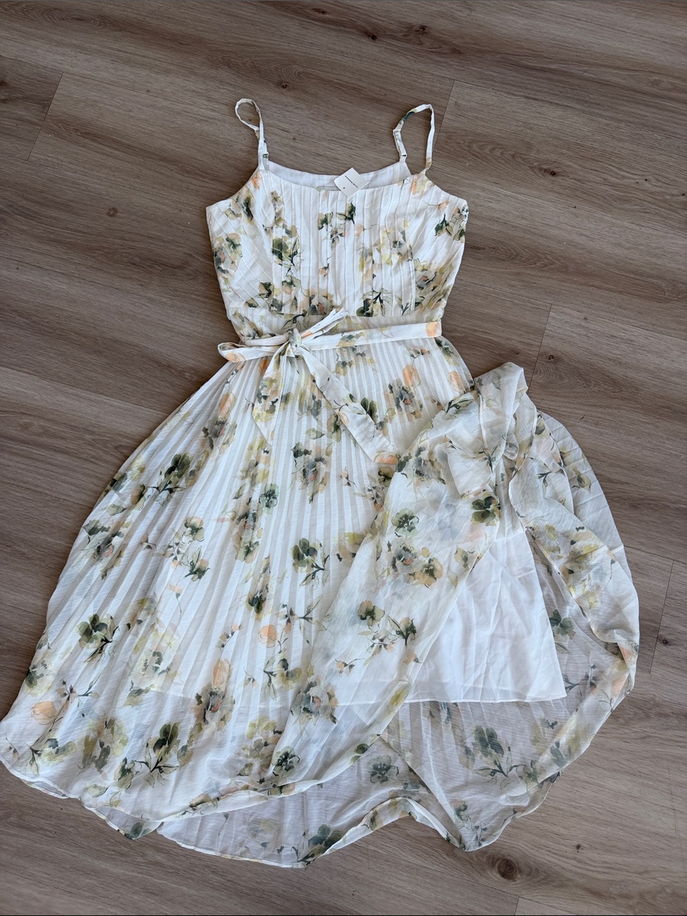 Club Monaco Pleated Floral Maxi Dress in White with Green & Peach Floral
